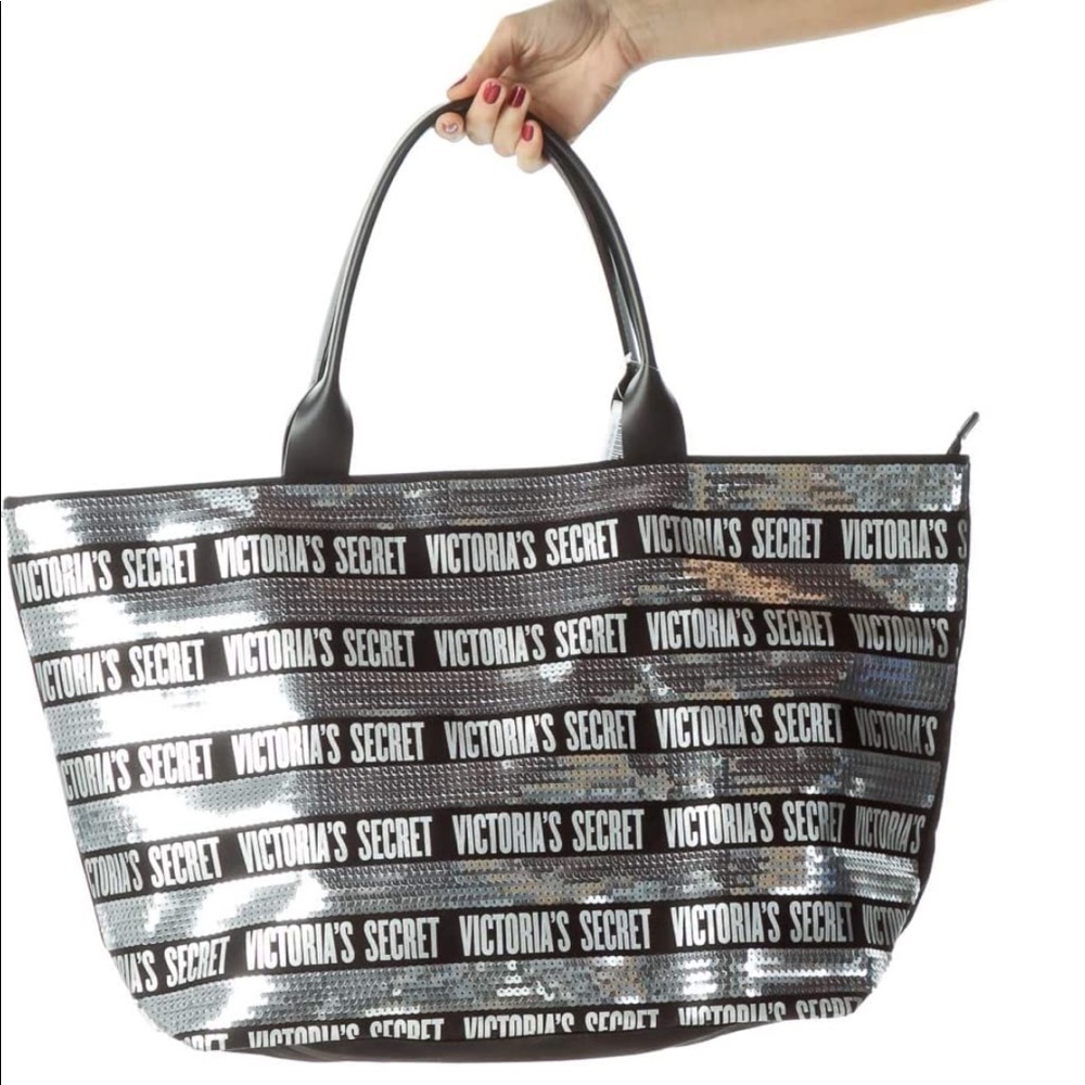Victorias Secret Tote Large Black & Silver Sequins - Picture 3 of 9